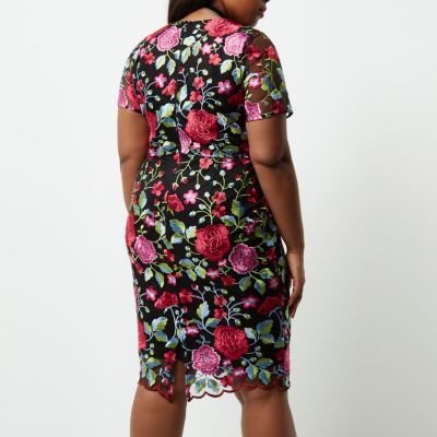 Plus pink floral embroidered midi dress